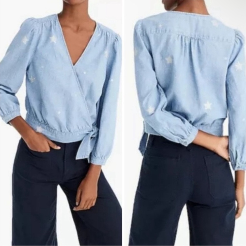 J. Crew Denim Chambray Star Print Wrap Top Blue Silver NWT TM Tall Medium